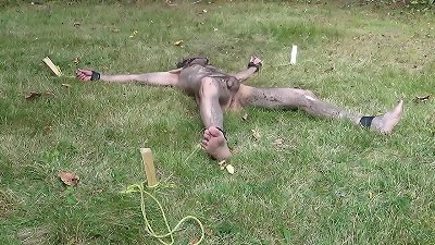 Nuisette007 bound stretched naked outdoors and facing up