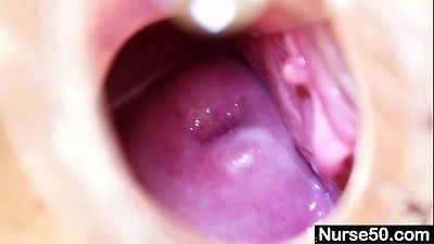 light-haired grandma nurse self exam with honeypot spreader